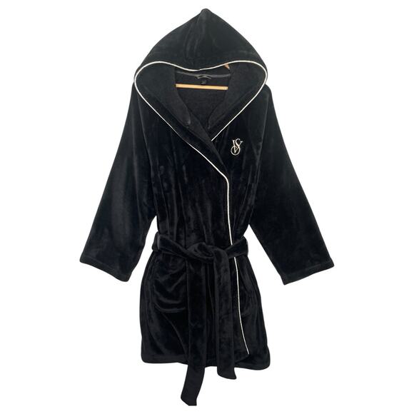 Victorias Secret Robe Womens Medium Large Black Hoodie Logo Embroidered Belted - Picture 1 of 13